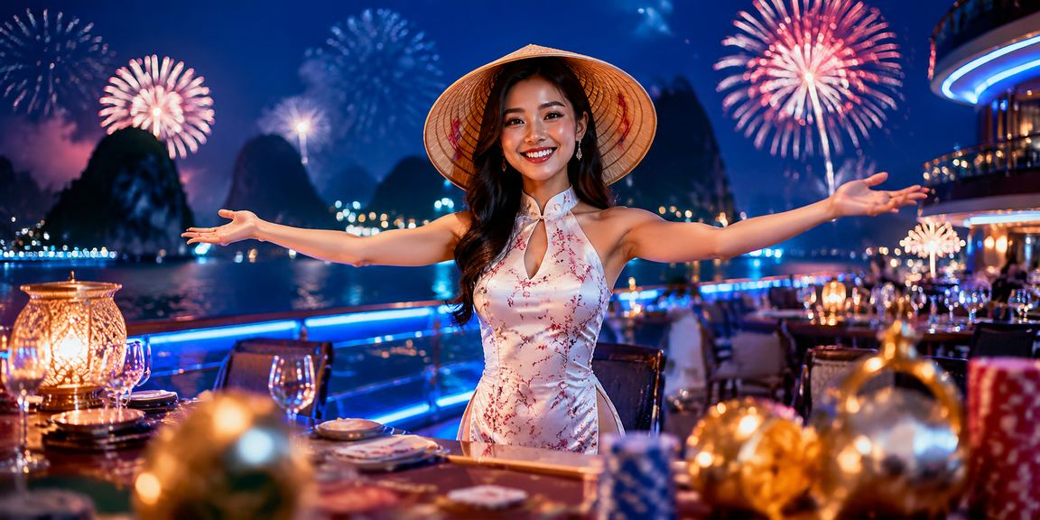 Người phụ nữ đội nón lá đặt cược trực tuyến trên thuyền tại Vịnh Hạ Long
